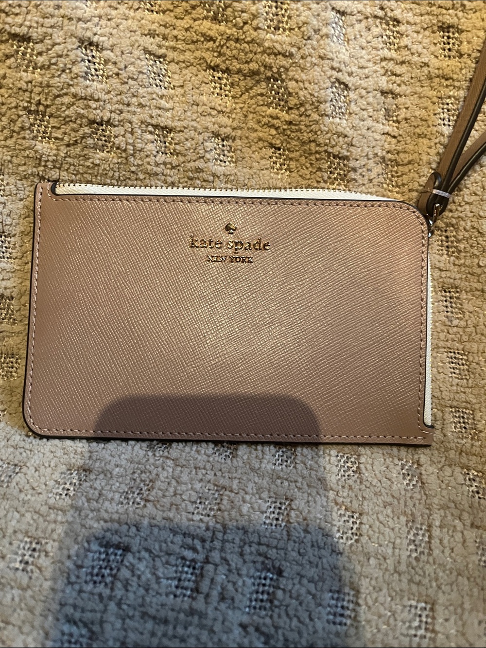 kate spade taupe Saffiano Leather Wristlet with Gold Logo